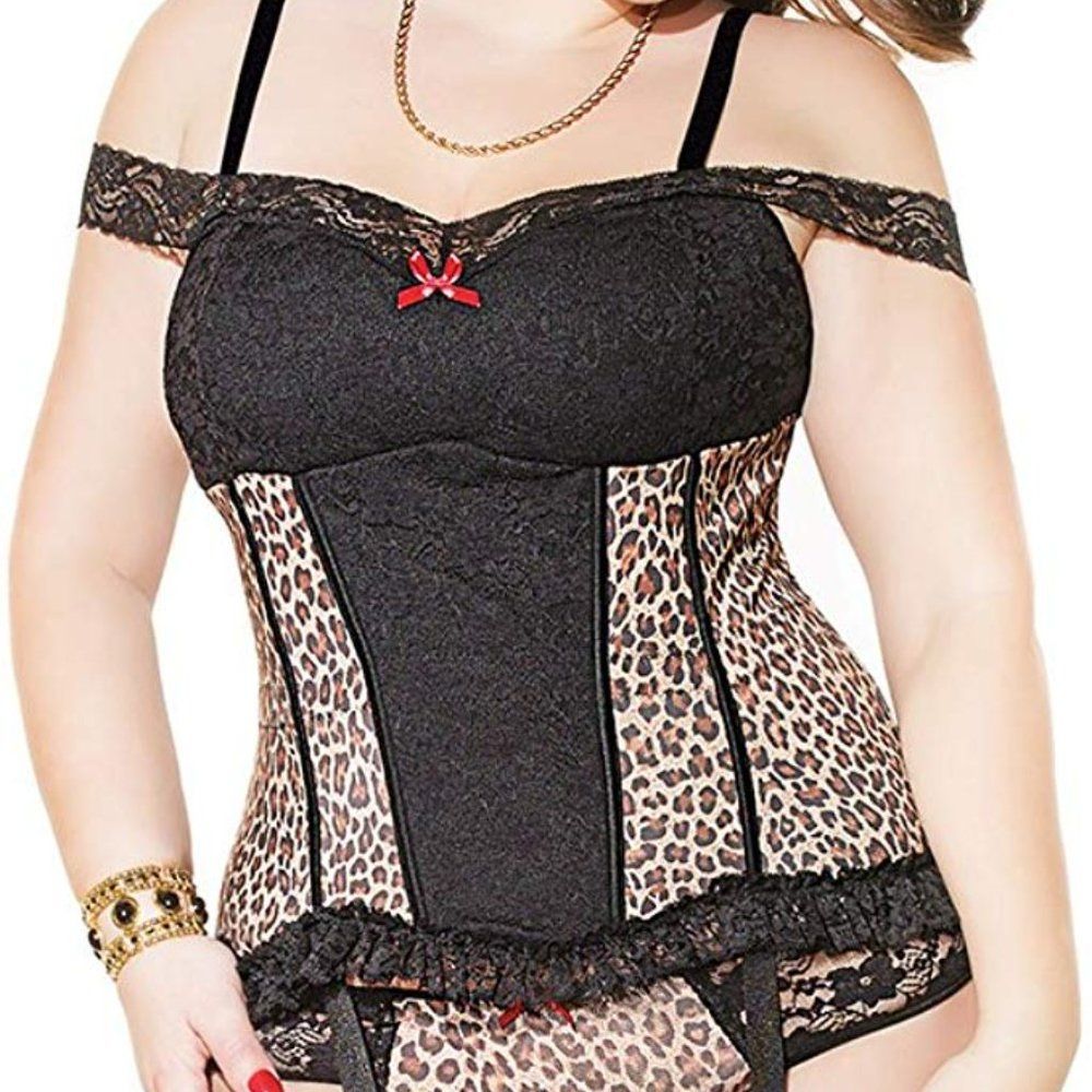 Coquette Leopard Black Lace Corset Lingerie 3x/4x animal print